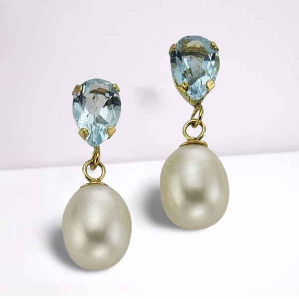 Blautopas Ohrhänger aus 333 Gold 1,8 cm mit Zuchtperlen