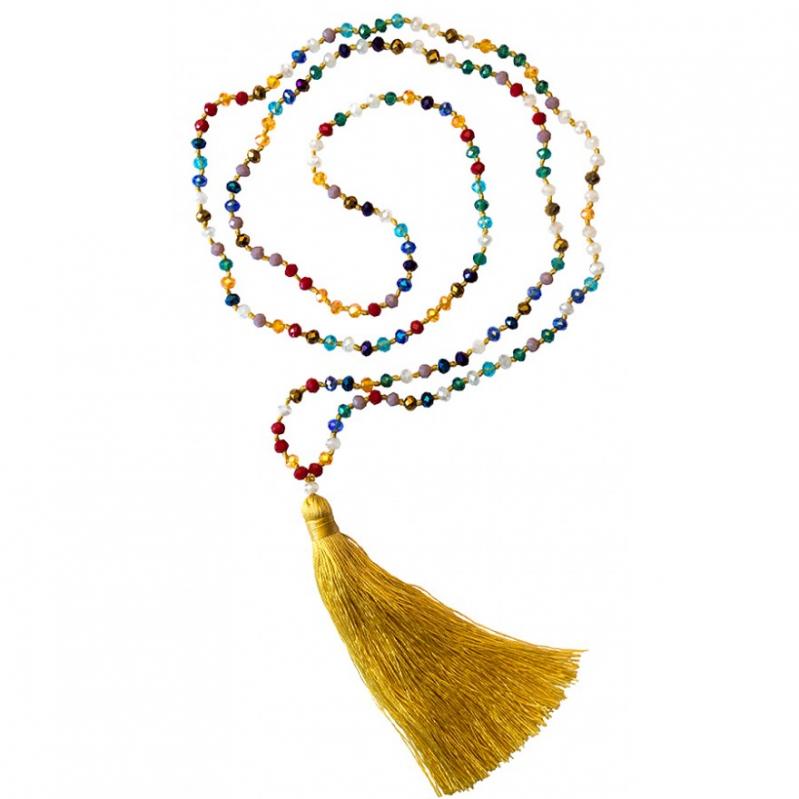 "Buddha Mala" bunt/gelb mit 108 Glasperlen 58cm