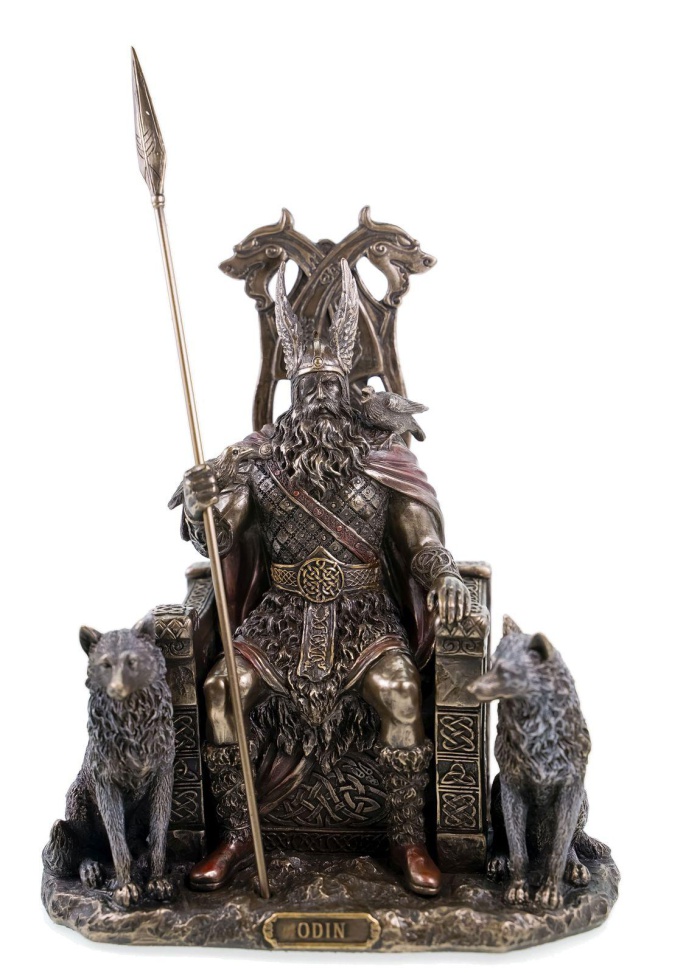 Figur aus Polyresin Odin/Wotan auf seinem Thron mit zwei Wölfen
