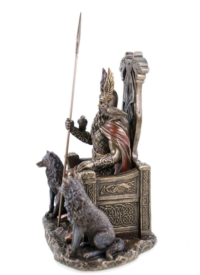 Figur aus Polyresin Odin/Wotan auf seinem Thron mit zwei Wölfen