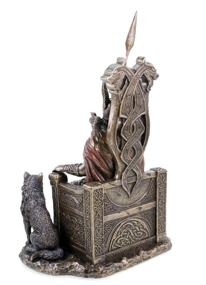Figur aus Polyresin Odin/Wotan auf seinem Thron mit zwei Wölfen
