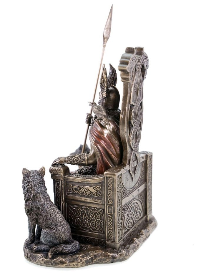 Figur aus Polyresin Odin/Wotan auf seinem Thron mit zwei Wölfen