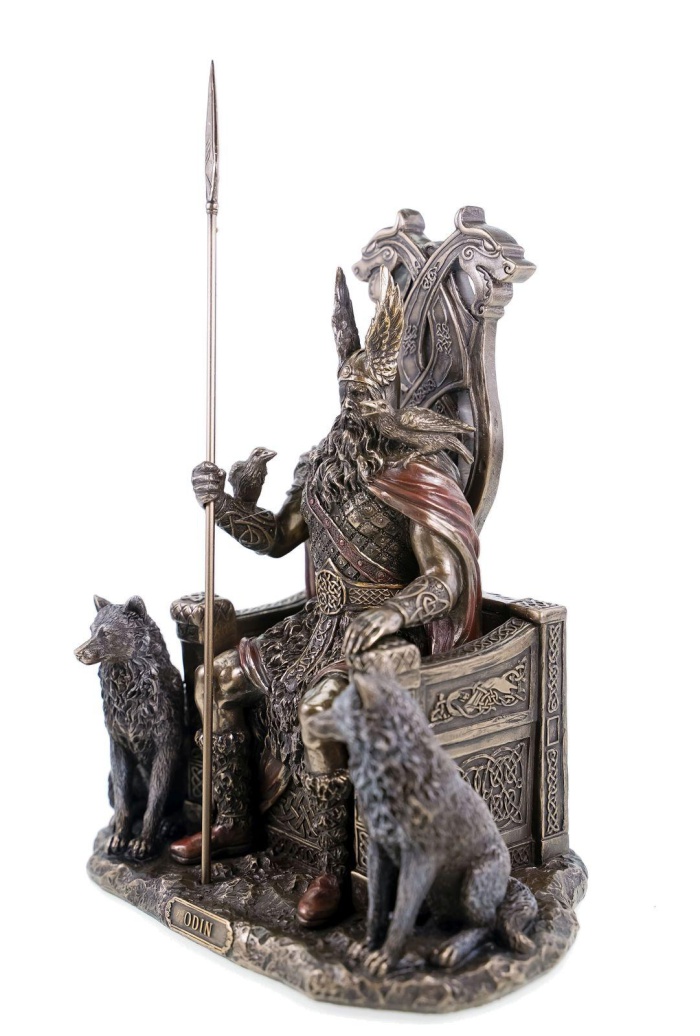 Figur aus Polyresin Odin/Wotan auf seinem Thron mit zwei Wölfen