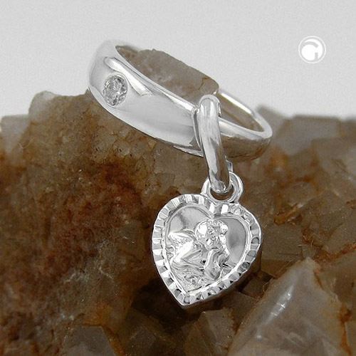 Taufring aus 925 Sterling Silber mit einem Engel im Herz und Zirkonia Stein