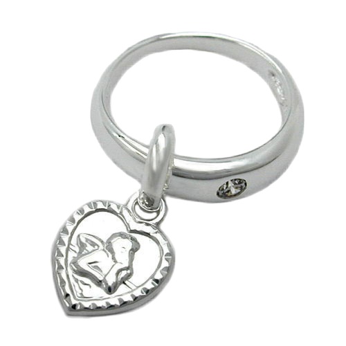 Taufring aus 925 Sterling Silber mit einem Engel im Herz und Zirkonia Stein