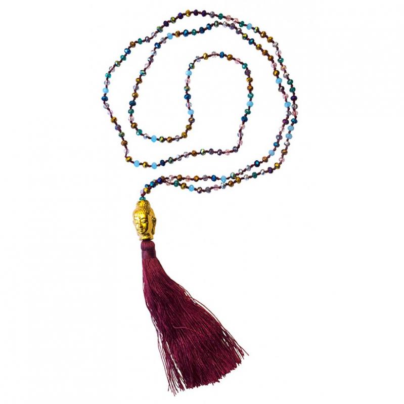 Mala - Buddhistische Gebetskette mit Buddha, 108 Glasperlen bunt-weinrot 58cm mit Quaste weinrot