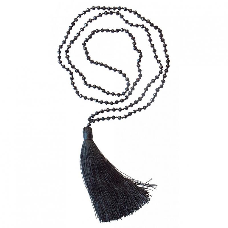 Mala - Buddhistische Gebetskette mit Buddha, 108 Glasperlen schwarz 58cm mit Quaste schwarz