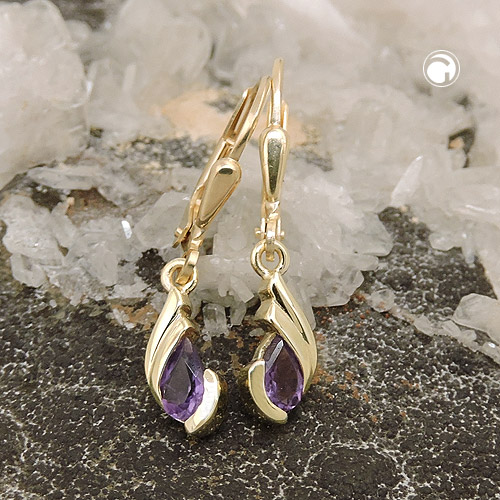 Ohrbrisur Ohrhänger aus 375 Gold 9 Karat in Tropfenform 25 x 5 mm mit Amethyst Steinen