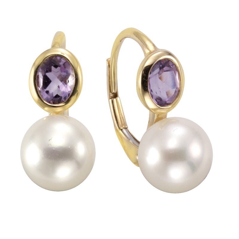 Aussergewöhnlich schöne 333 Gold Ohrhänger mit Zuchtperlen und Amethysten