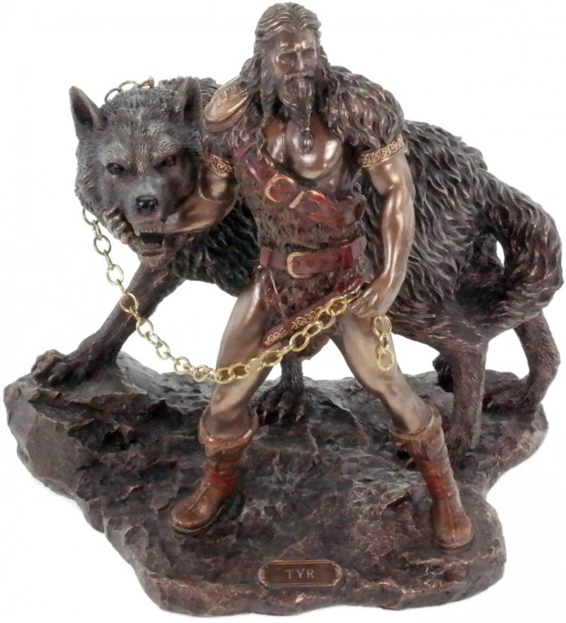 Tyr - der nordische Kriegsgott mit Fenryswolf - polyresin bronziert