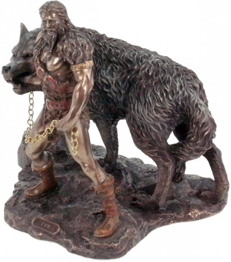 Tyr - der nordische Kriegsgott mit Fenryswolf - polyresin bronziert