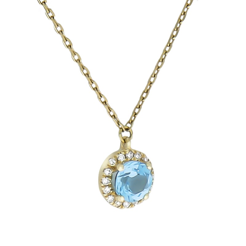 375 Goldkette 42-45 cm mit edlem Blautopas und Diamanten Anhänger